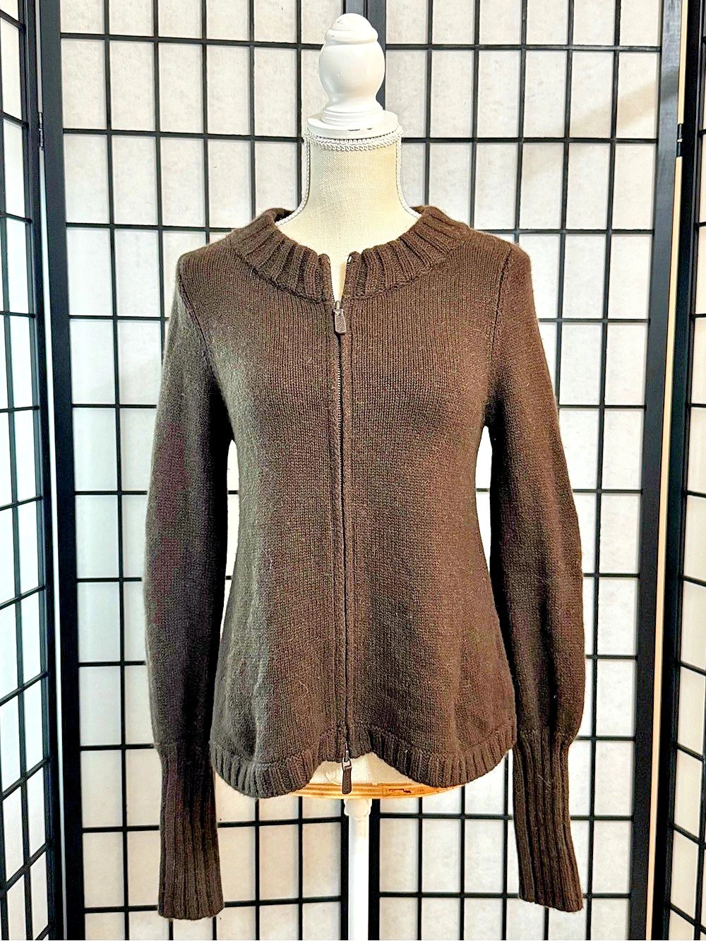 Vince Espresso Brown Full Zip Peplum Sweater S Small Boho Minimalist